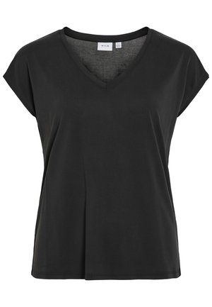 Svart T-shirt med V-ringning och kepsärm, tillverkad av mjukt material, med avslappnad passform och minimala sömdetaljer.