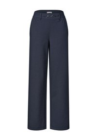 Pantalon bleu marine à jambes larges avec taille élastique, passants pour ceinture et petit fermoir métallique au centre devant.