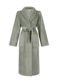 Olivengrønn kappe laget av teksturert stoff med sjalkrage, lange ermer, belte med knyting og to frontlommer.