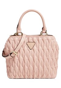 Patchwork różowa torebka o strukturalnym kształcie, z hardwarem w złotym odcieniu, podwójnymi uchwytami u góry oraz odpinanym paskiem na ramię. Posiada wytłoczone logo.