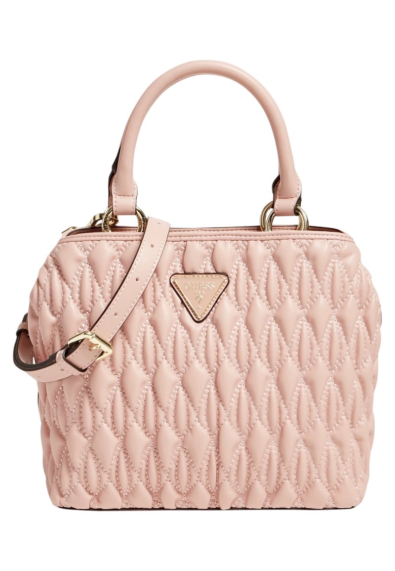 Patchwork różowa torebka o strukturalnym kształcie, z hardwarem w złotym odcieniu, podwójnymi uchwytami u góry oraz odpinanym paskiem na ramię. Posiada wytłoczone logo.