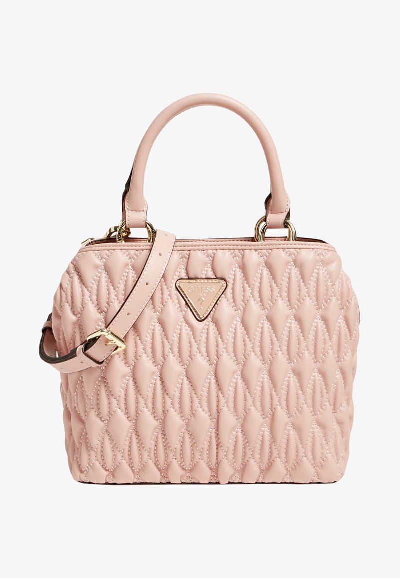 Patchwork różowa torebka o strukturalnym kształcie, z hardwarem w złotym odcieniu, podwójnymi uchwytami u góry oraz odpinanym paskiem na ramię. Posiada wytłoczone logo.