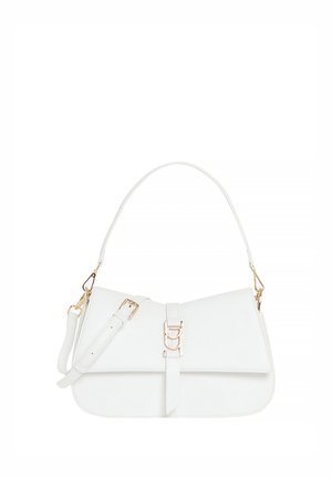 Borsa a tracolla in pelle bianca con fibbia dorata e tracolla regolabile, con chiusura a patta e finitura liscia.