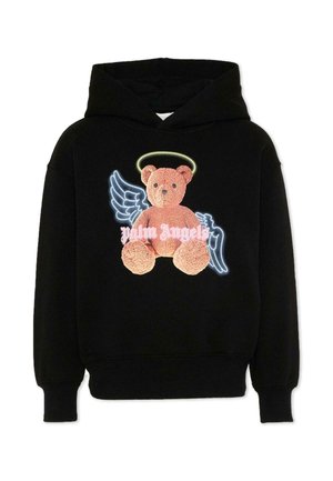Czarna bluza z kapturem z grafiką brązowego misia z świecącą aureolą i podświetlonymi skrzydłami anioła oraz napisem "Palm Angels" na przodzie.