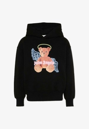 Sweat à capuche noir avec un dessin d'un ours en peluche marron portant un halo lumineux et des ailes d'ange illuminées, avec le texte "Palm Angels" en travers du devant.