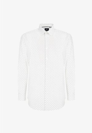 Biała koszula z długim rękawem, z małym wzorem kropek w kolorze czarnym, z klasycznym kołnierzykiem i zapięciem na guziki. Miękka, lekka tkanina.