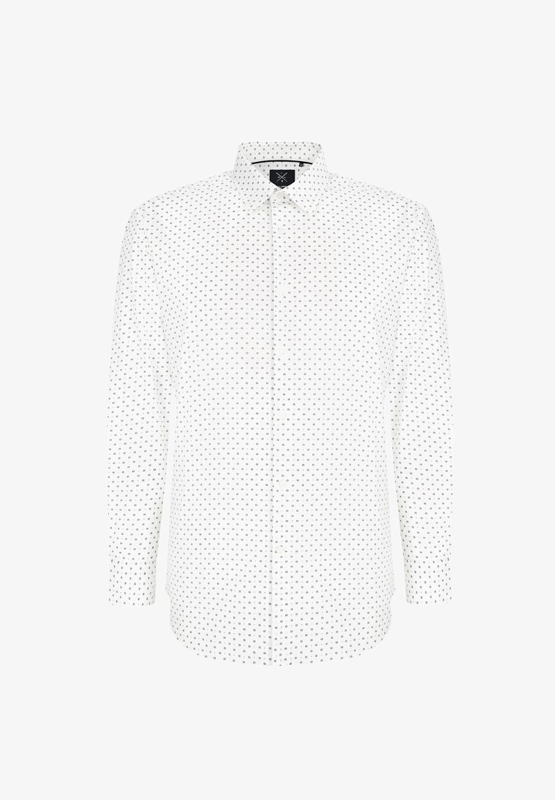 Biała koszula z długim rękawem, z małym wzorem kropek w kolorze czarnym, z klasycznym kołnierzykiem i zapięciem na guziki. Miękka, lekka tkanina.
