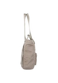 Beige stoffen schoudertas met duurzame banden, zijvak en een gestructureerde buitenkant. Compact rechthoekig formaat met een ritssluiting.