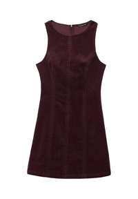 Vinrød ærmeløs kjole med tekstureret stof, der har vertikale sømdetaljer og lynlås bagpå. Glat finish.