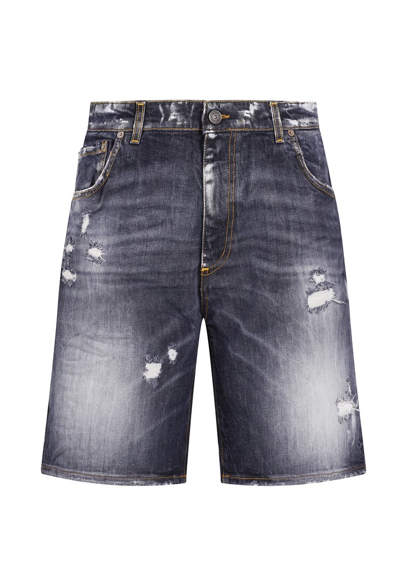 Pantalones cortos de mezclilla azul oscuro con parches desgastados, bolsillos delanteros, presillas para cinturón y cierre de botón.