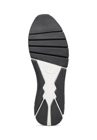 Semelle de chaussure en caoutchouc avec une surface noire texturée, des rainures profondes, des accents blancs et un motif en zigzag pour une meilleure adhérence et une stabilité accrue.