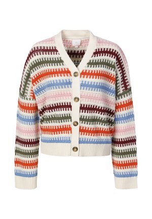 Cardigan con bottoni e maniche lunghe con motivo a righe orizzontali nei colori crema, bordeaux, oliva, arancione, blu e rosa.