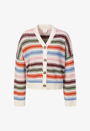 Vest met knopen en lange mouwen met een horizontaal gestreept patroon in creme, bordeaux, olijf, oranje, blauw en roze.