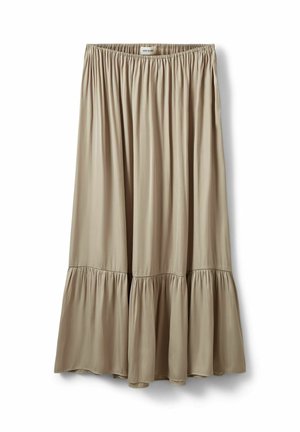 Béžová dlouhá sukně s elastickým pasem a nařaseným lemem u spodního okraje, vyrobená z lehké, splývavé látky.