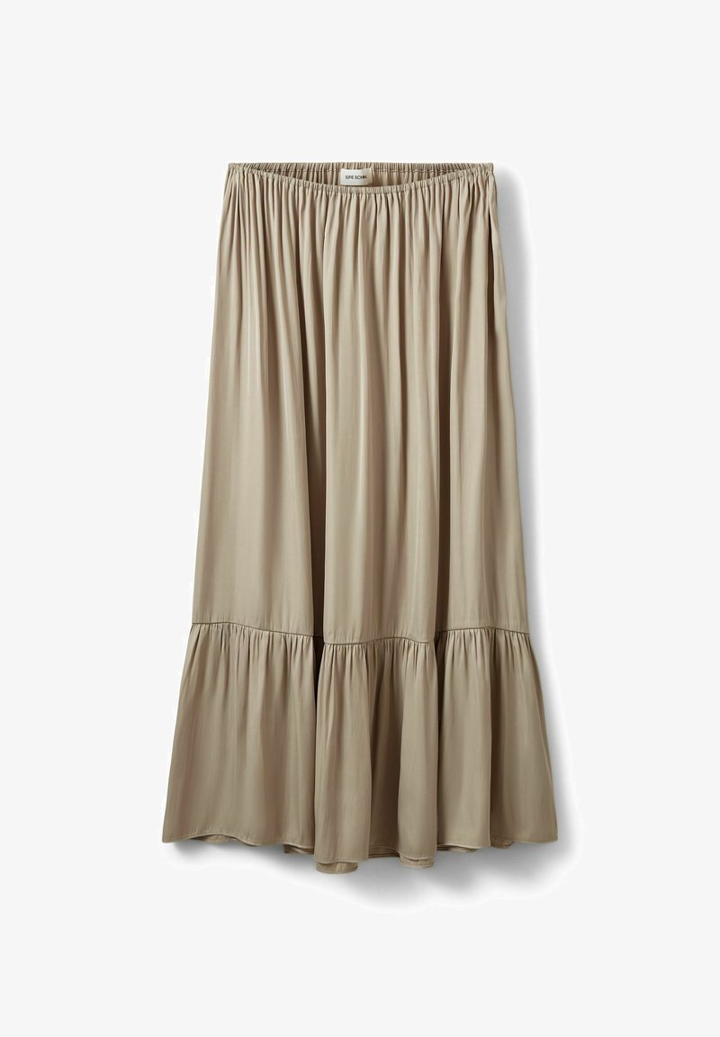 Beež pikk seelik elastse vöökohaga ja allääre lähedal kogutud volangi detailiga, valmistatud kergest ja voolavast kangast.