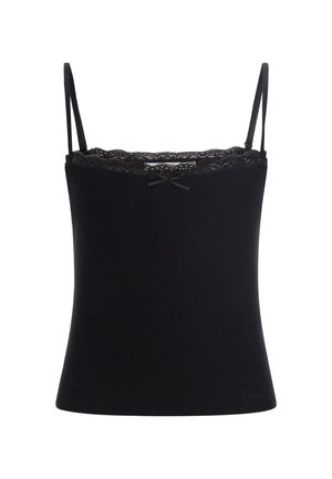Débardeur noir à côtes avec des fines bretelles, bordé de dentelle le long de l'encolure et doté d'un petit nœud. Présente une silhouette ajustée et extensible.