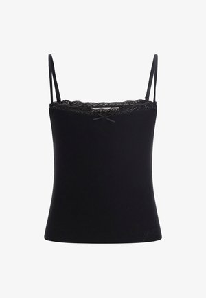 Zwarte geribbelde camisole met dunne banden, kantafwerking langs de halslijn en een klein strikdetail. Heeft een aansluitende, rekbare pasvorm.