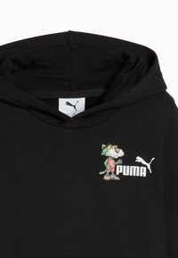 Felpa nera con cappuccio caratterizzata da un mascot di un gatto in stile cartone animato con dettagli verdi, che indossa occhiali da sole e un outfit rosa, con il logo "PUMA" in bianco.