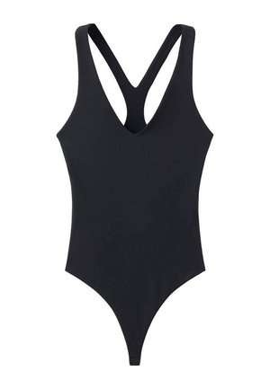 Maillot de bain une pièce noir avec un décolleté en V profond et des bretelles croisées dans le dos. Fabriqué en tissu lisse avec un design ajusté et élégant.