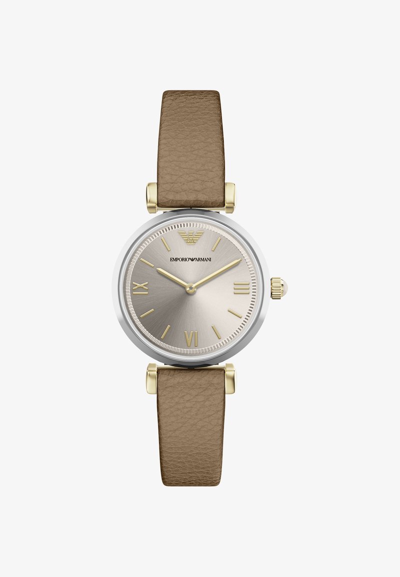 Round silver watch with a textured grey-silver dial, gold hour markers, and a beige leather strap. Features gold accents on the case.