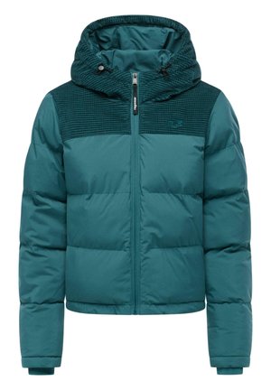 Teal blå boblejakke med teksturert hette og brystpanel, med frontglidelås og elastiske mansjetter for en tett passform.