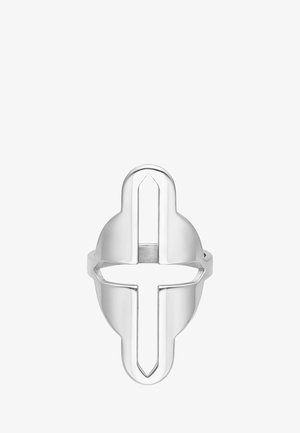 Silberner Ring in Form eines Helms mit ausgeschnittenem Kreuz-Design auf der Vorderseite, das Negativraum für die Augen und die vertikale Mitte schafft.