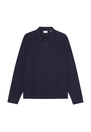 Tricou polo din bumbac de culoare bleumarin, cu mânecă lungă și guler, având închidere cu trei nasturi și o textură simplă. Fără modele sau Accente vizibile.