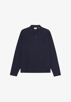 Navy long-sleeve cotton polo shirt with a collar, featuring three button closure and a simple texture. No visible patterns or accents.