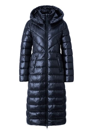 Pufferjas, glanzend zwart, tot de knie, met capuchon, voorzien van een rits aan de voorkant, diagonale quilted uitstraling en zijzakken. Gladde textuur.