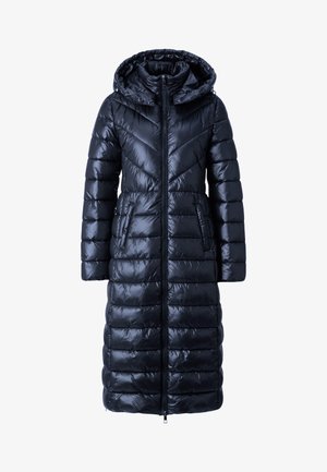 Pufferjas, glanzend zwart, tot de knie, met capuchon, voorzien van een rits aan de voorkant, diagonale quilted uitstraling en zijzakken. Gladde textuur.