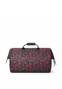 Sac de voyage floral avec un fond noir, orné de fleurs vibrantes rouges et violettes. Accents en cuir noir et double anses. Poche latérale zippée.