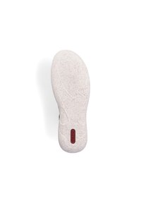 Sole of a shoe featuring a textured, light beige surface with small color flecks. Includes a red label with "Rieker" at the heel.