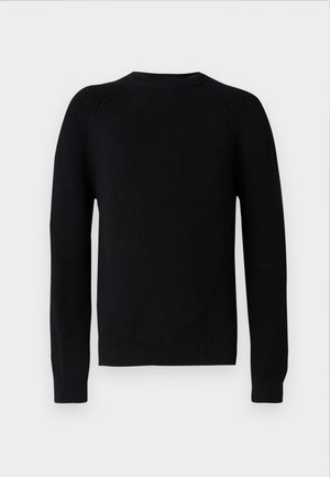 Black knitted sweater, crew neck, long sleeves, ribbed texture, fitted cuffs and hem, seamless raglan shoulders.