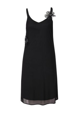 Robe noire à bretelles spaghetti, avec des accents en dentelle florale sur l'épaule gauche et la hanche. Tissu lisse avec un ourlet au niveau du genou.