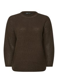 Brauner Strickpullover mit einem strukturierten, offenen Webmuster, Rundhalsausschnitt und langen Ärmeln. Hat einen lässigen, kastigen Schnitt.