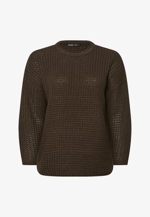 Brązowy sweter z dzianiny z teksturowanym, otwartym splotem, okrągłym dekoltem i długimi rękawami. Posiada luźny, pudełkowy krój.