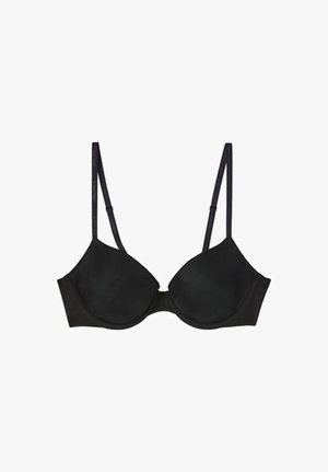 Reggiseno nero con ferretto, spalline sottili regolabili e coppe sagomate, progettato per supporto e modellamento.