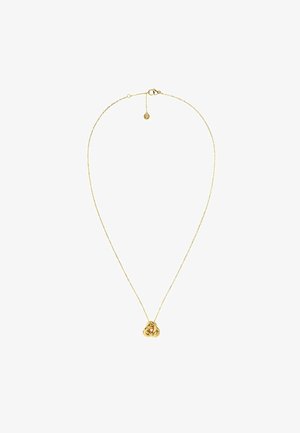 Gold-toned necklace featuring a knot-shaped pendant on a delicate chain with a lobster clasp and adjustable length.