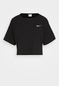 Black ribbed short-sleeve cropped Nike top with white swoosh logo on left chest, crew neckline, and relaxed fit.