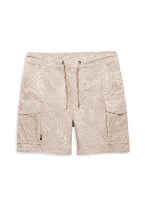 Beige cargo shorts med et lyst palmebladsmønster, elastisk talje med snoretræk og to sidelommer. Glat stofstruktur.
