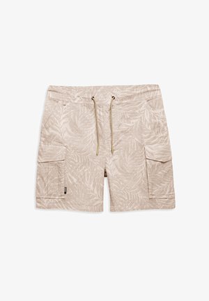 Beige cargo shorts med et lyst palmebladsmønster, elastisk talje med snoretræk og to sidelommer. Glat stofstruktur.