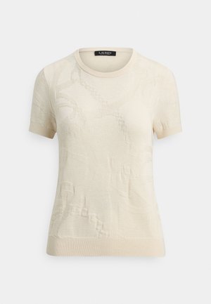 Pletený krátky sveter s krátkym rukávom v krémovej farbe s textúrovaným vzorom. Má okrúhly výstrih a rebrované lemy na manžetách a spodnom okraji pre lepšiu formu a prispôsobenie.