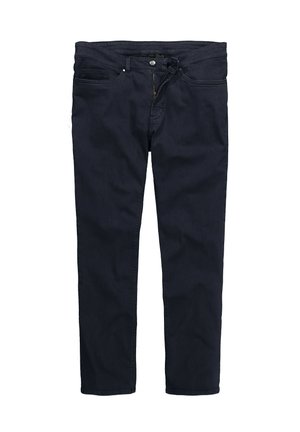 Tummansinisiä farkkuja, joissa on slim fit -leikkaus, viisi taskua, etunapit ja metallivetoketju. Sileä pinta ja vahvistettu sauma.