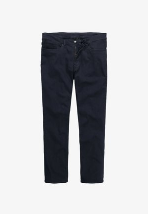 Jeans in denim blu scuro con design slim fit, stile a cinque tasche, chiusura frontale con bottone e zip metallica. Texture liscia con cuciture rinforzate.