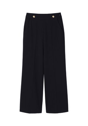 Zwarte wijde broek met twee voorkanten zakken, voorzien van goudkleurige versieringen bij de tailleband en een strakke, gladde textuur.