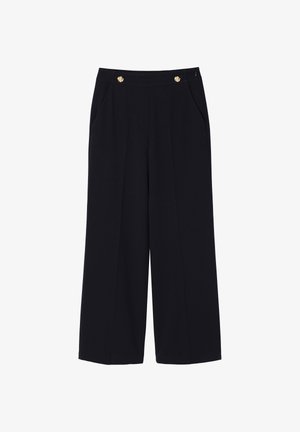 Zwarte wijde broek met twee voorkanten zakken, voorzien van goudkleurige versieringen bij de tailleband en een strakke, gladde textuur.