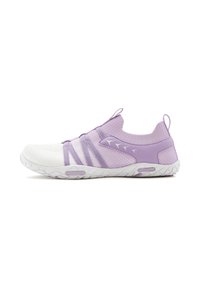 Purple athletic shoe with a white toe and textured mesh upper. Features elastic bands and a rubber sole with a patterned tread design.