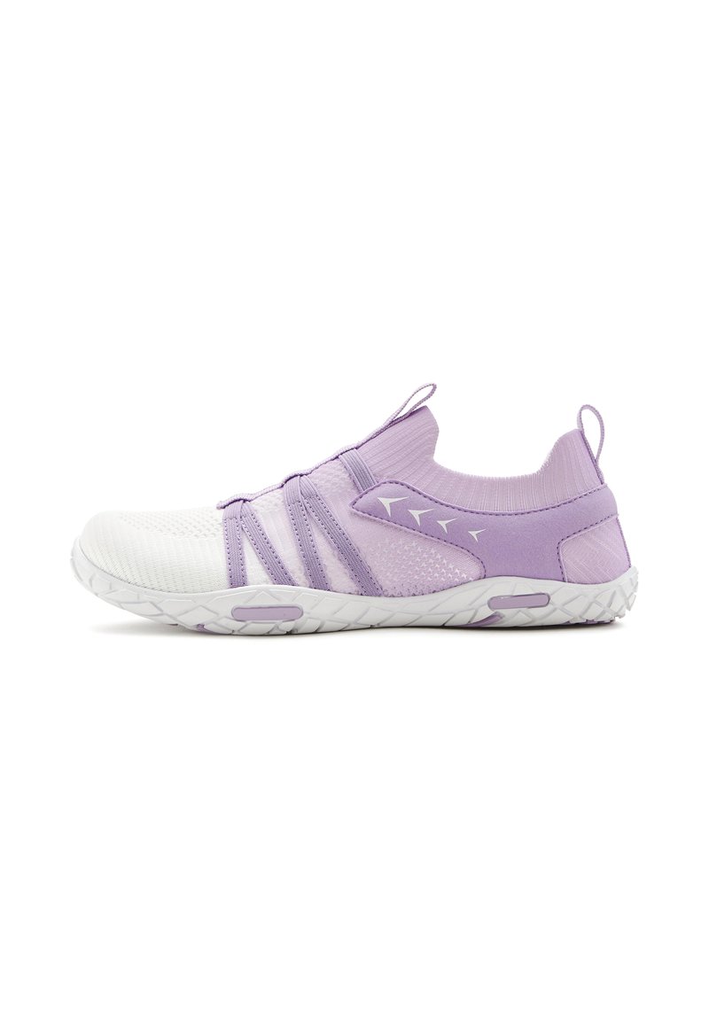 Purple athletic shoe with a white toe and textured mesh upper. Features elastic bands and a rubber sole with a patterned tread design.