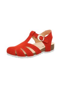 Red suede sandal with open toe design, T-strap, and cut-out details. Features a white rubber sole and adjustable buckle strap.