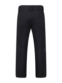 Sorte rette bukser vist fra baksiden med beltehemper og en liten logo på høyre ben under kneet.